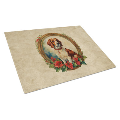 Brittany Spaniel Christmas Flowers Glass Cutting Board