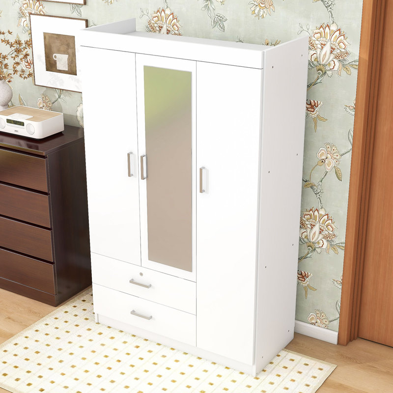 Elegant 3-Door Armoire Wardrobe with Storage Shelves, Lockable Drawer and Full-Length Mirror, White