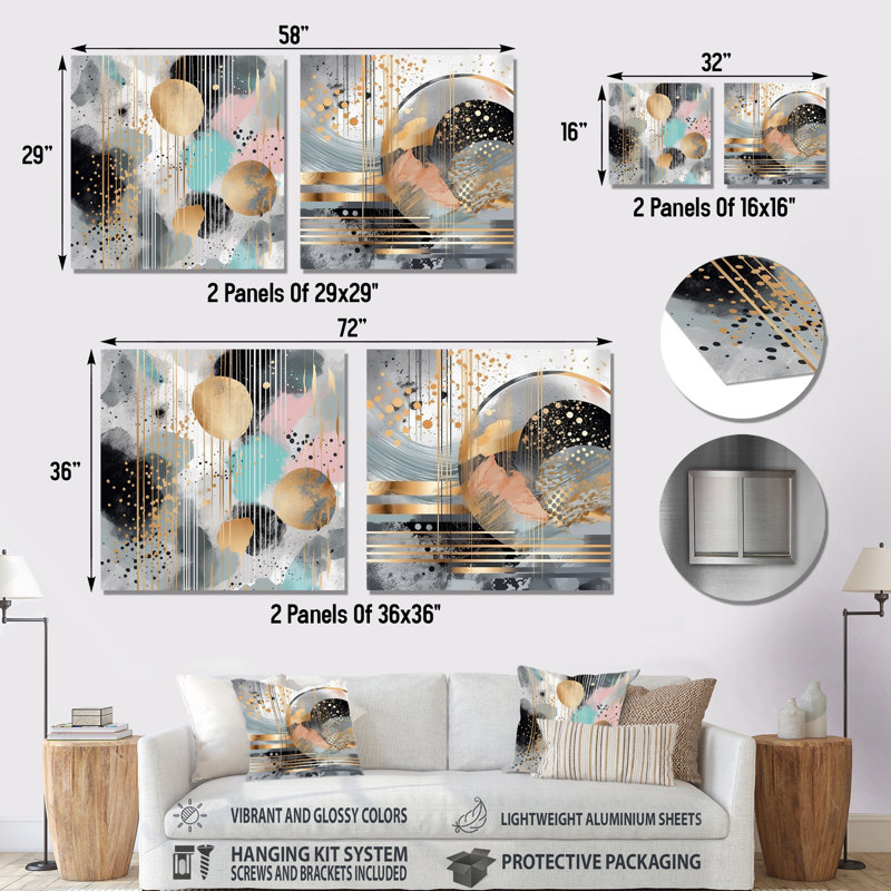 Rayures pastel grises et dorées Melody I - Formes murales abstraites modernes en métal, H 16 po x l 32 po