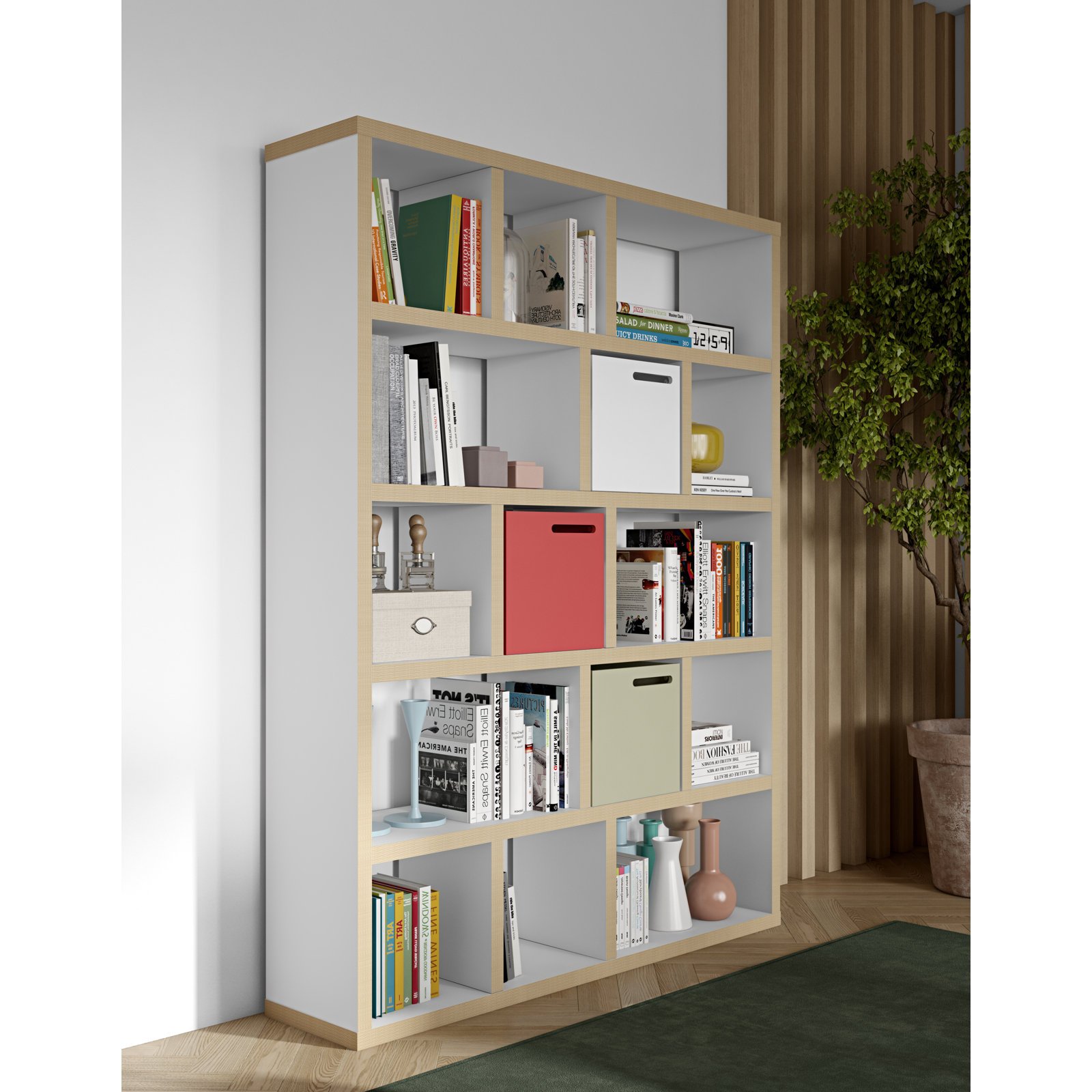 Stetson Manufactured Wood Bookcase , Pure White/Plywood, (5 Shelves) 78" H x 59" W x 13" D