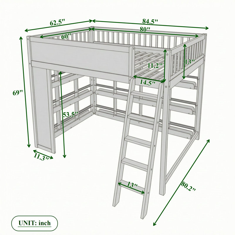 Lit mezzanine en bois avec éclairage DEL, panneau de tableau noir et tablettes, Grand lit, Naturel