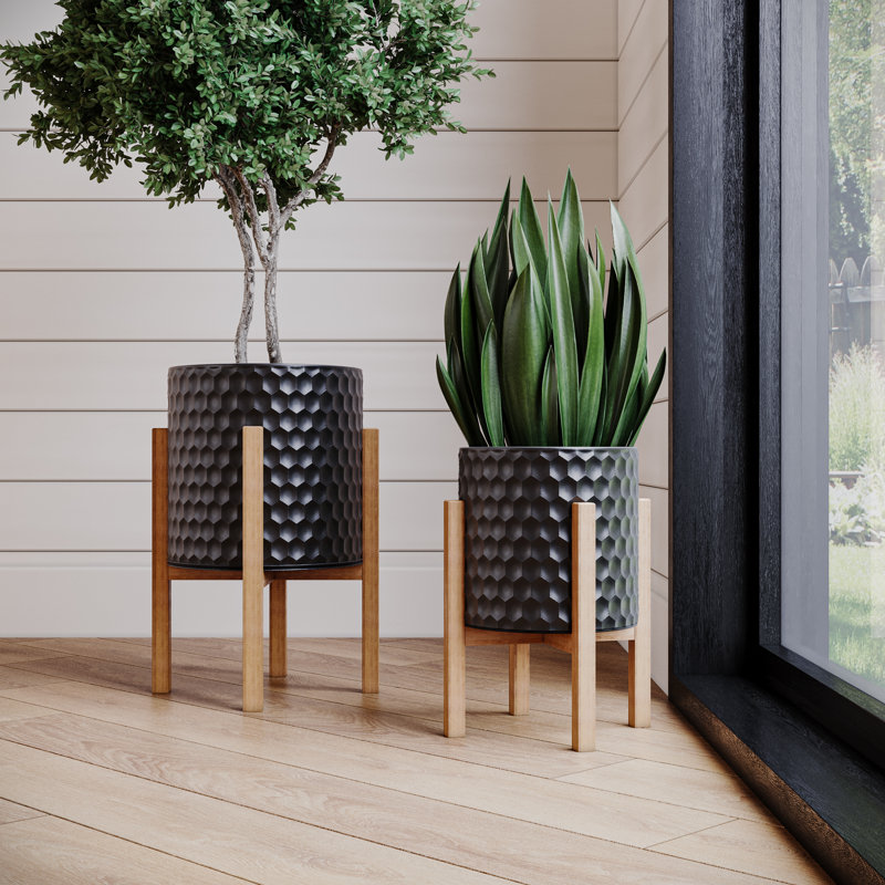 Ebony Mid Century Modern Indoor Metal Pot Planter 4-Leg Wood Base - Set