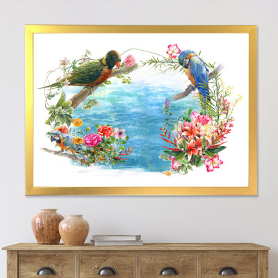 Oiseaux et fleurs au bord de l'eau - peinture sur toile