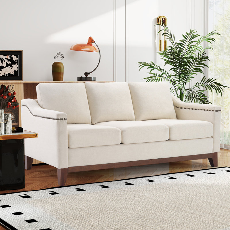 Classic Upholstered Sofa With Nailhead Trim And Wooden Legs, White