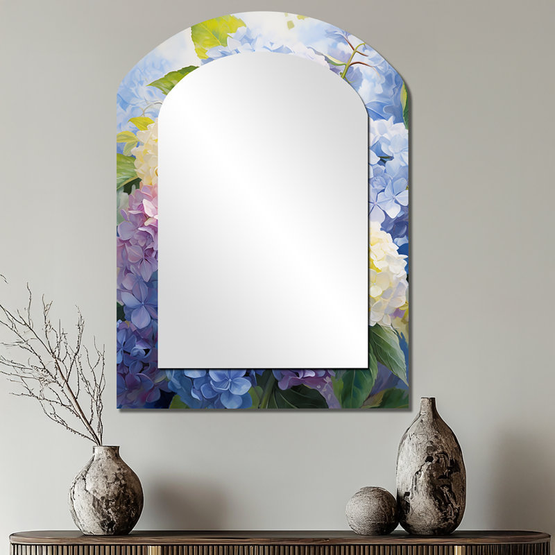 Blue Purple Hydrangea Eternal Blooms I - Large Arched Wall Mirror On Metal, 34" x 25"