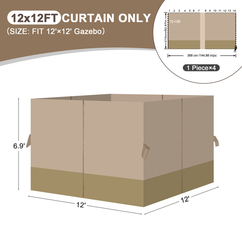 Aoodor Replacement 4-Panel Gazebo Sidewall Curtains, Sand Yellow and Khaki, 82.7" H x 144" W x 144" D