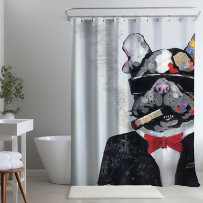 Smoking Gangster Bulldog – Livingroom Pets – Polyester Shower Curtain, Dye Sublimation Print, 71" W × 74" L