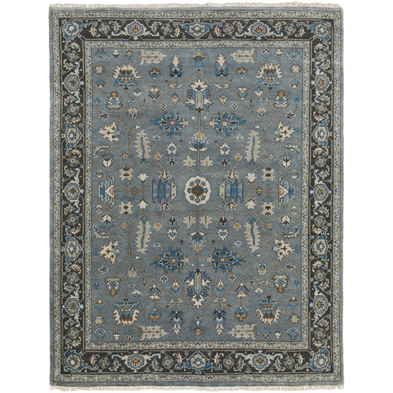Tapis oriental en laine noué à la main bleu acier et chocolat Chambers, Rectangle 8 pi 6 po x 11 pi 6 po