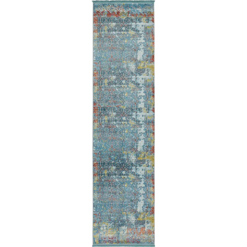 Tapis bleu à motif abstrait Folmar, Tapis de couloir 2 pi 2 po x 6 pi 1 po