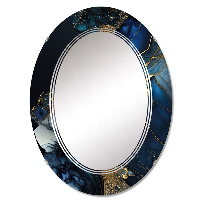 Patrinia - Géode abstraite en marbre doré et bleu V - Miroir mural abstrait en marbre, 36 po x 24 po