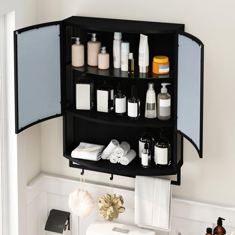 Armoire à double porte vitrée cintrée de 59,3 cm (23,34 pouces), miroir incassable, étagères de rangement, porte-serviettes, salle à manger, fonctionnelle, gain de place, polyvalente