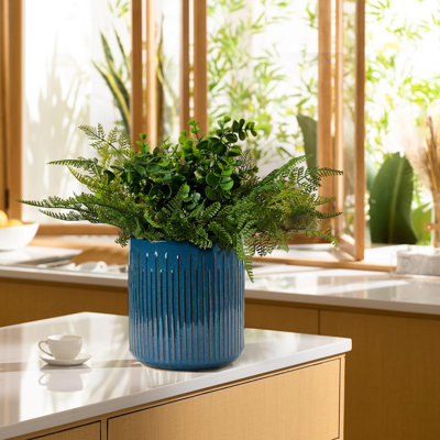 7.2" Large Ceramic Stable Utensil Crock for Countertop, Utensil Holder with Cork Mat, Removable Bamboo Divider for Easy, Kitchen Decor, Blue