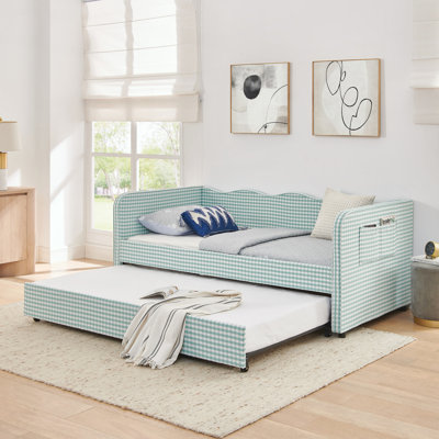Twin‑Size Daybed, Gingham Upholstered 3‑in‑1 Versatile Convertible Sofa Bed with Pull‑Out Trundle & Side Storage Pockets