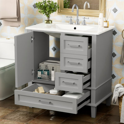 30" Bathroom Vanity In Grey, Modern Solid Wood Cabinet With Sink, 3 Drawers & Smooth Closing Door For Wonderful Grey Vanity, Wood, Silent Magnificent