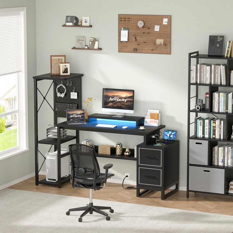 Reversible L Shaped Desk with Power Outlets and Fabric Drawers, Black