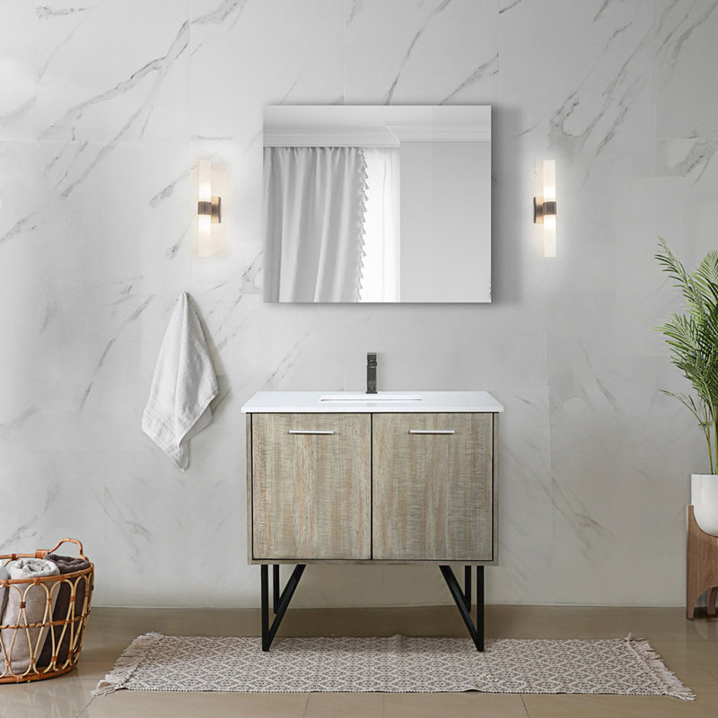 36 po X P 20 po De salle de bain rustique avec comptoir en quartz blanc, robinet en métal Miroir, Métal industriel, 36"