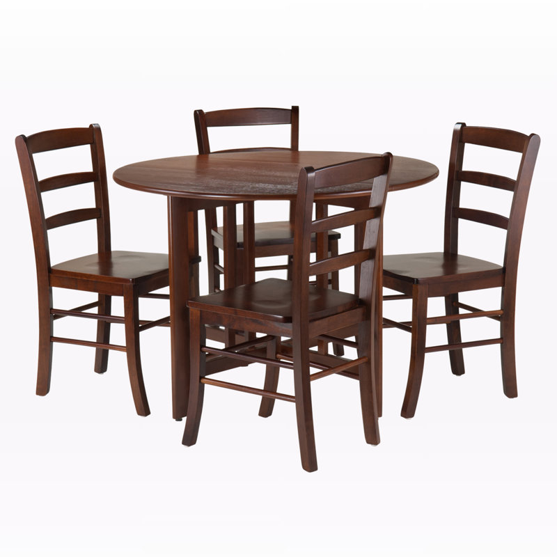 Jachai Walnut 5-piece round drop leaf table with ladder-back chairs