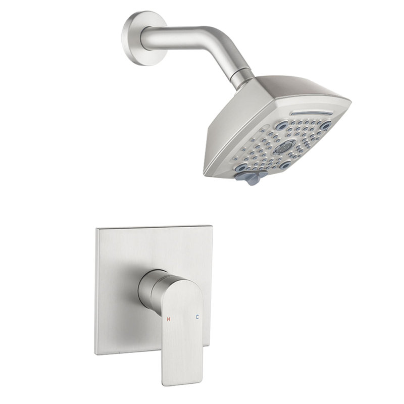 Ensemble de robinet de douche mural à poignée simple 6 jets avec valve brute, Nickel brossé