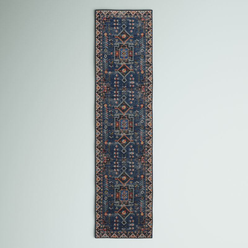 Alburnett Machine Washable Teal and Ivory Area Rug, Runner 2' x 8'
