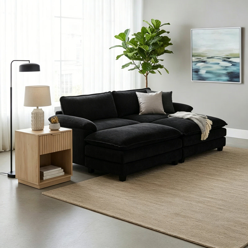 Causeuses 90 po en velours côtelé noir avec 2 repose-pieds et table d'appoint de 19 po, Noir