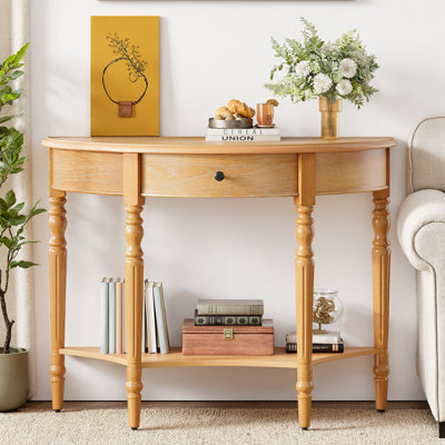 Farmhouse Half Moon Console Table with Drawer & Shelf – 39” Rustic Accent Table, Sofa Table for Entryway, Living Room, Hallway, Foyer – Solid Wood Legs, Space-Saving Design