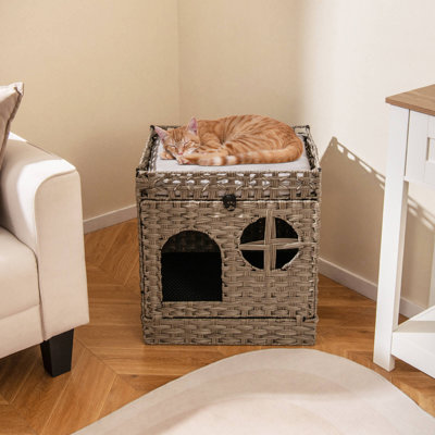Enceinte pliable pour litière pour chat en rotin à 2 niveaux avec tapis pour litière