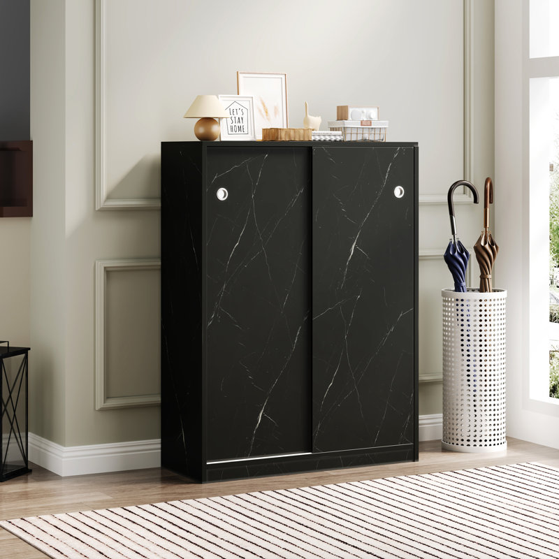 Sliding Door Shoe Cabinet In White Minimalist Style, 6 Layers For At Least 30 Pairs Of Shoes Black Marble Trunk With And Layers, Holds