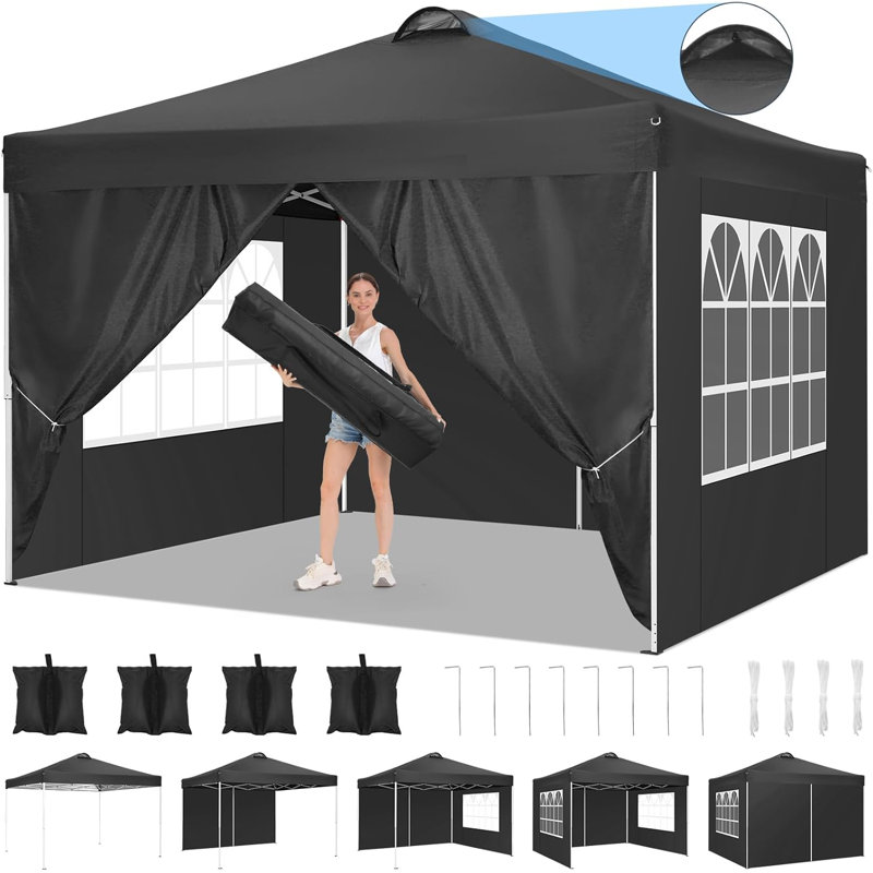 Easy up Outdoor Waterproof Pop-Up Canopy Tent with 4 Sidewalls for Parties, Picnic, Black