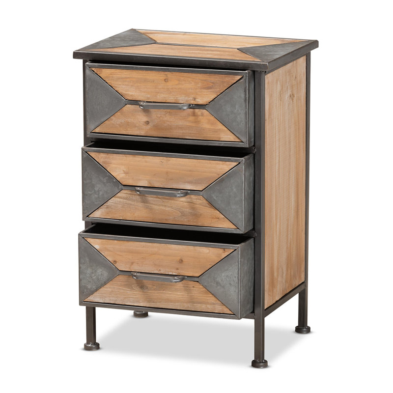 Jimia 3-Drawer Nightstand in Grey & Oak Brown Finished Wood, 23.8'' H X 15.7'' W X 11.8'' D