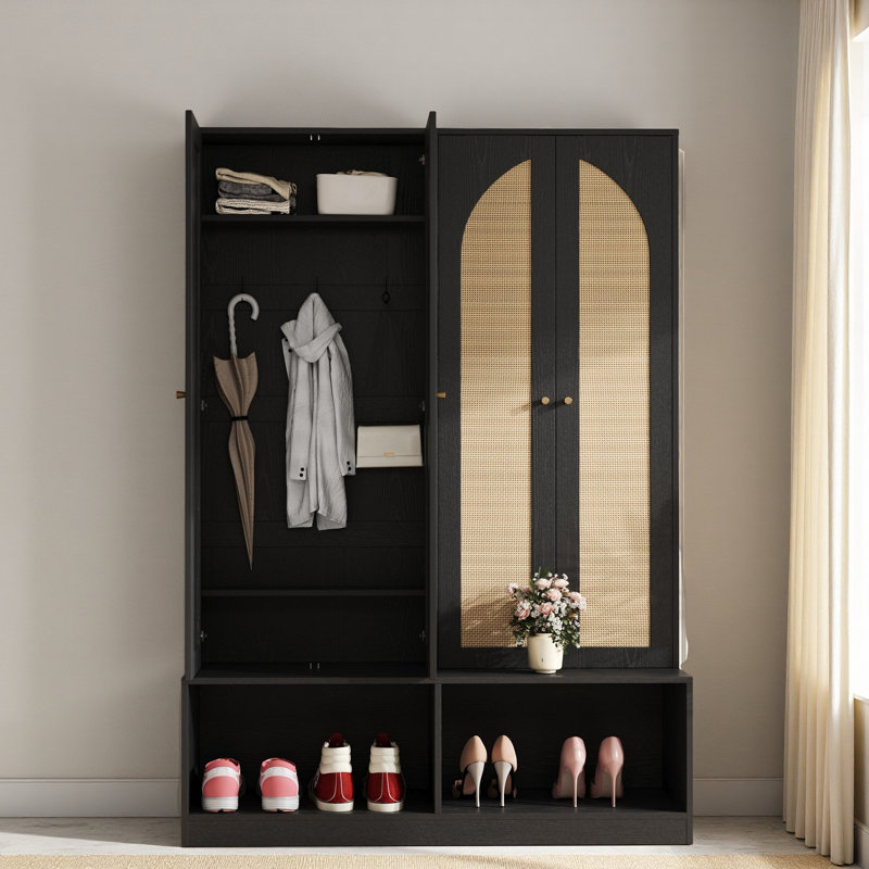 Farmhouse Widen Hall Tree With 4 Rattan Doors, Versatile 4-In-1 Seating Bench With 6 Hooks, Mid-Century Entryway Shoe Cabinet With Adjustable Shelf For Living Room
