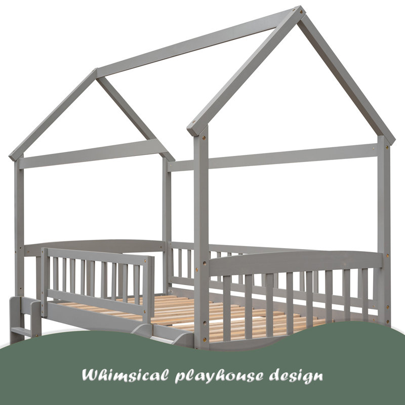 Twin Loft Bed With Slide, House Bed With Slide, Gray