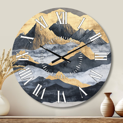 Mountain Mirage in Ink and Gold II - Abstract Metal Wall Clock