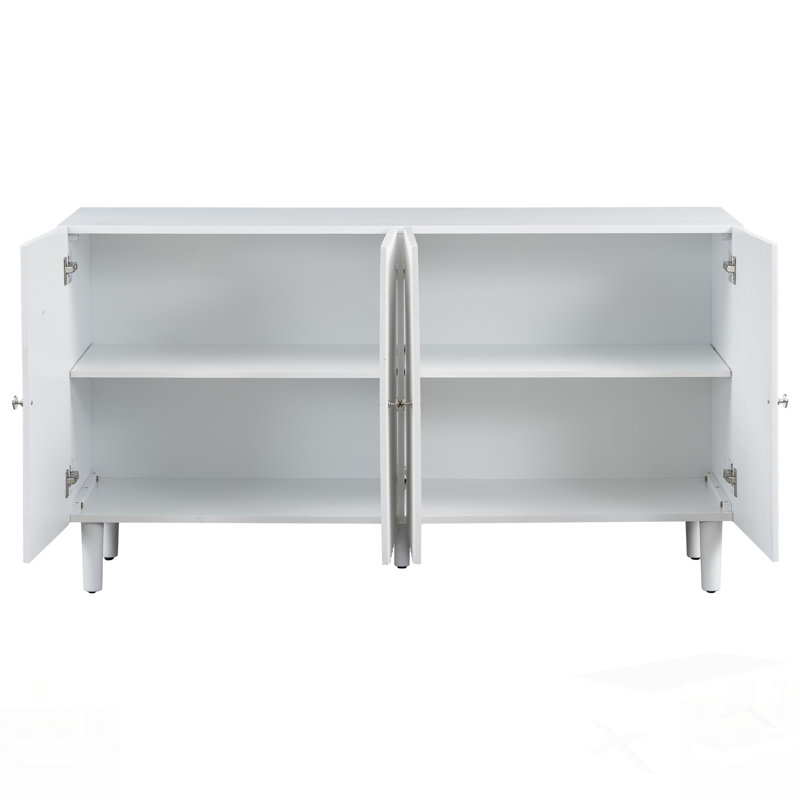 Élégant buffet à quatre portes avec des portes à motif ondulé, des pieds cylindriques et des poignées en métal élégantes, réglable, adapté pour le bureau, le vestibule et le salon
