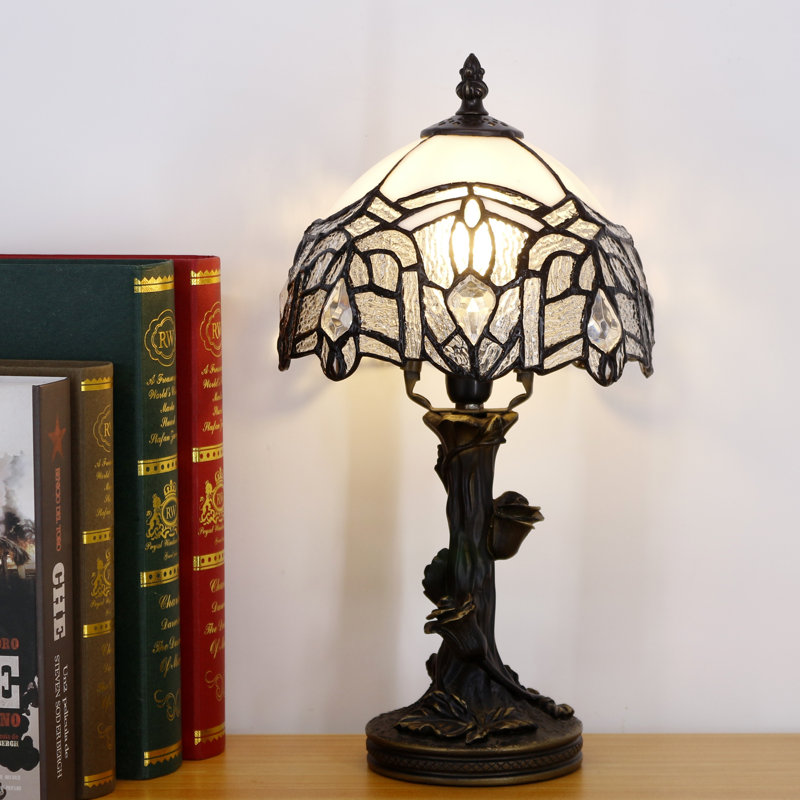 Small Tiffany Table Lamp Stained Glass Desk Lamp White Bending Style Bedside Desk Light Mini Accent Desk Memory Lamp 8X15 Inch