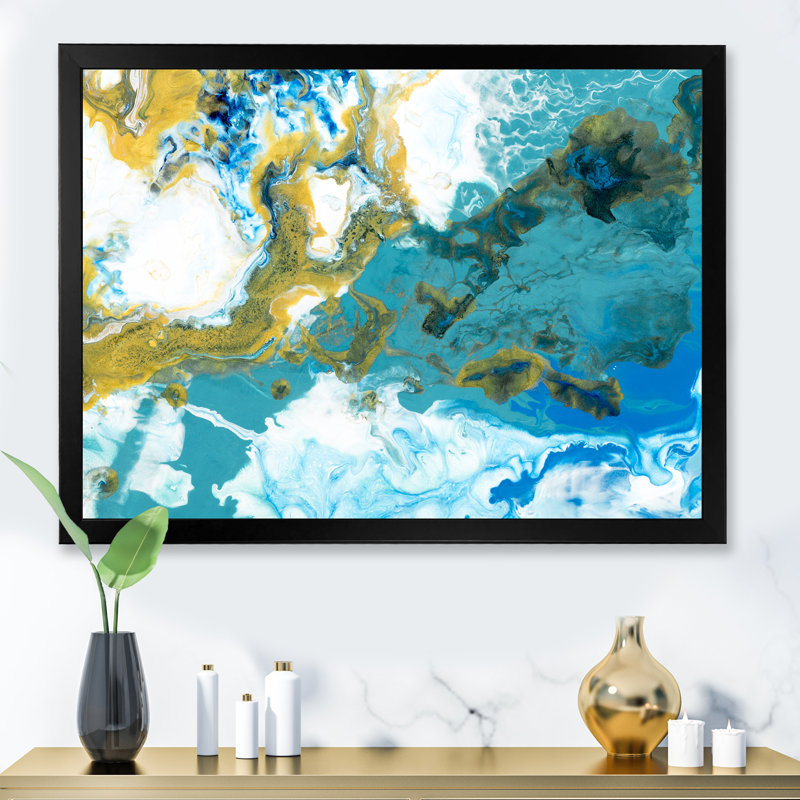 Bleu et blanc, vagues liquides IIII - Peinture sur toile, Cadre noir, H 12 po x l 20 po x P 1 po