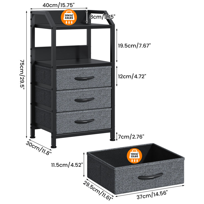 40cm W Bedside Table, Deep Grey-2pcs