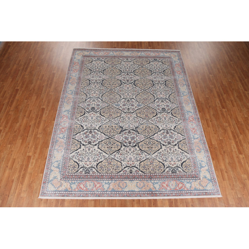 Tapis beige / ivoire / bleu en laine noué à la main de conception unique 9 pi x 11 pi 9 po