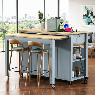 47" Extendable Kitchen Island With Rubber Wood Veneer, Power Outlet & Storage, 2 Drawers & Cabinets, Grey Blue