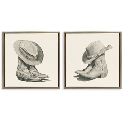 Rustic Cowboy Boots 2 Piece Brown Grain Framed Floater Canvas Set by Grace Popp