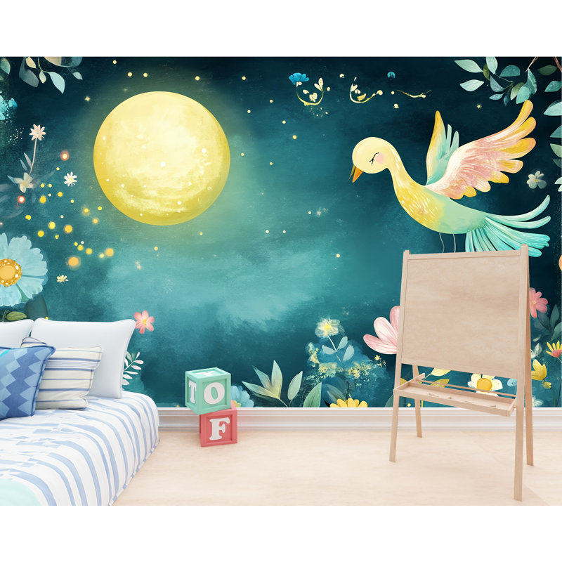 Papier peint au clair de lune avec oiseaux et fleurs, L 144 po x l 100 po, Non tissé