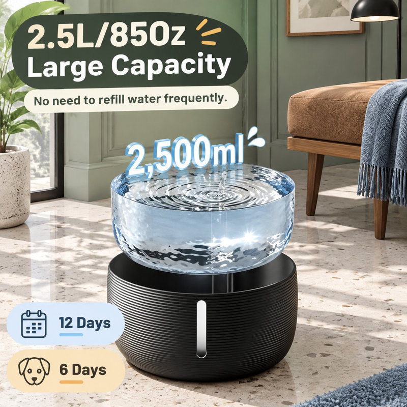 85oz/2.5L Automatic Indoor Pet Fountain with an LED light and water-level window, designed as a drinking dispenser for cats, pets, and small animals.