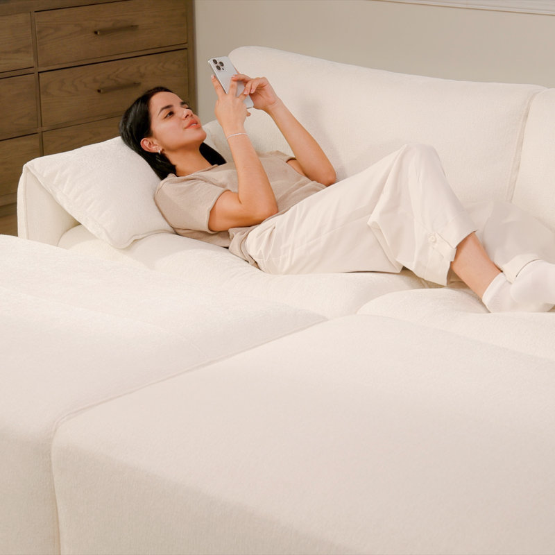 Bodhild 94.8" Feather-Filled Chenille Upholstered Sleeper Sofa, Cream