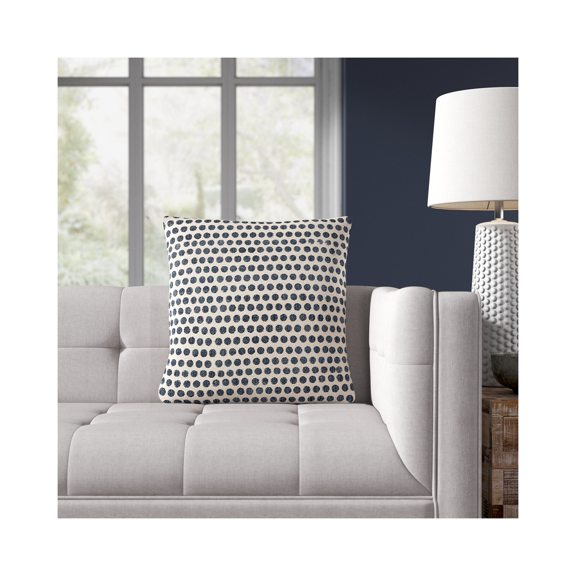 Zetta Polka Dots Cotton Throw Pillow, Light Beige/Dark Blue, Polyester/Polyfill, 18" x 18"