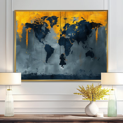 Jaune, jaune, carte du monde, aire de jeux Silhouette III - carte du monde, art mural, salon