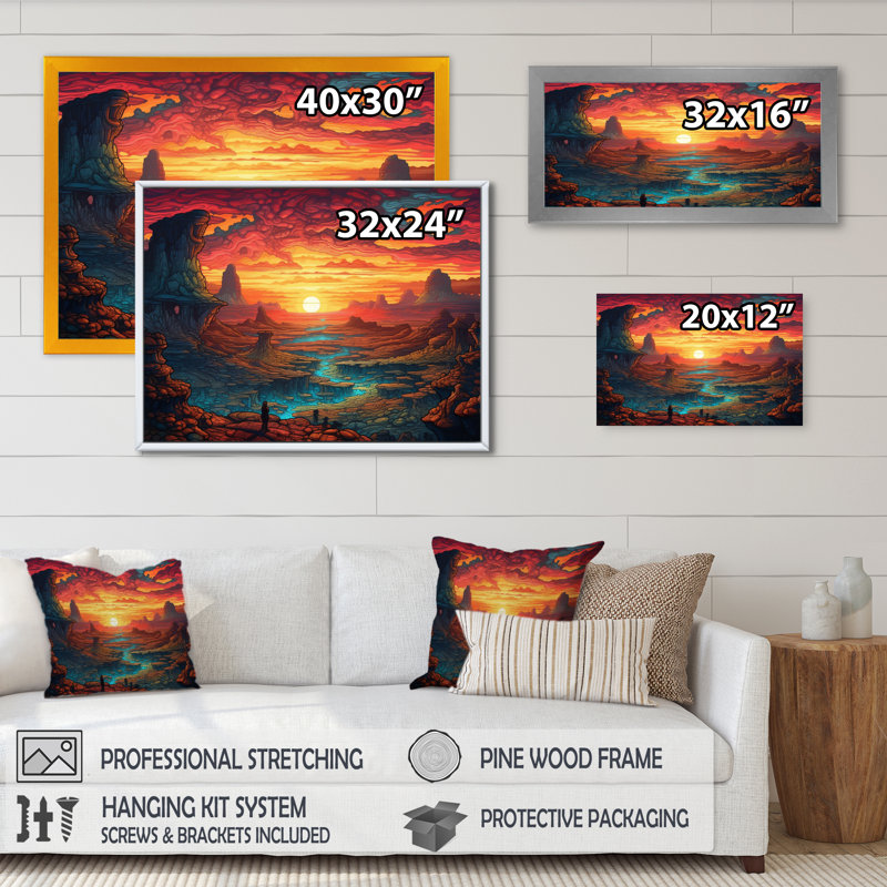 «Vibrant Sunrise over the Desert I» - Impression, H 30 po x l 40 po x P 1,5 po, Cadre flottant noir