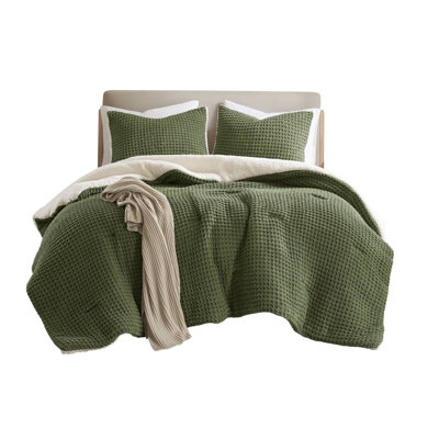 Luxurious Twin Chenille Bedding Set, Waffle Knit Design, Cozy Olive Comfort