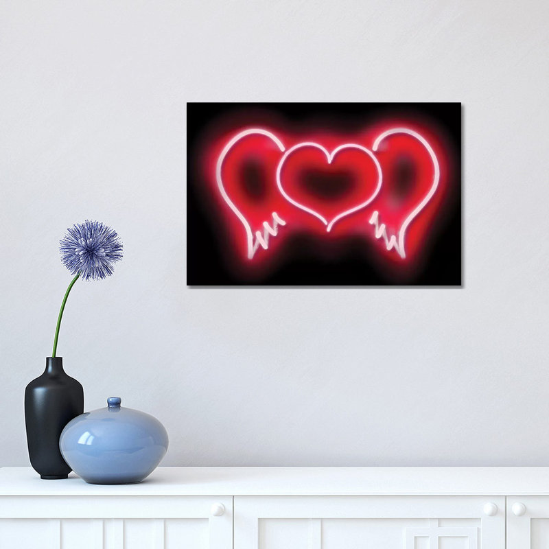 Neon Heart Wings Redon Black by Hailey Carr - Wrapped Canvas Print, 30.48 cm H x 45.72 cm W
