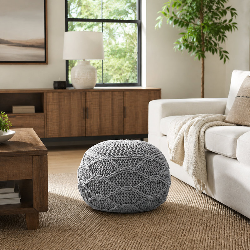 Pouf Malibu en maille de coton, rond de 50 cm, gris