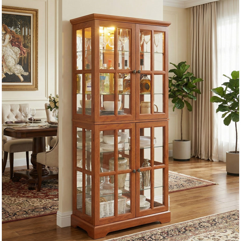 Dark Oak Lighted Curio China Cabinet With Glass Doors, Dark Oak