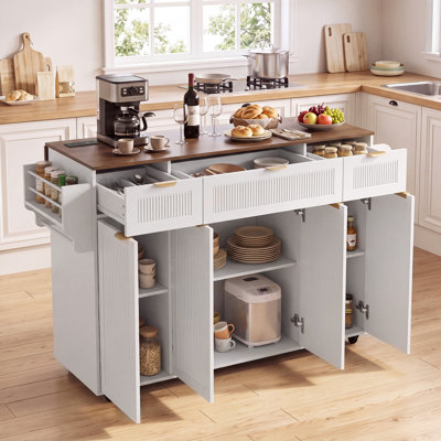 Îlot de cuisine de 119 cm avec rangement, desserte de cuisine à roulettes avec abattant, 3 tiroirs, 3 placards, étagère à épices, porte-serviettes, prise électrique intégrée, 5 roulettes, blanc et brun